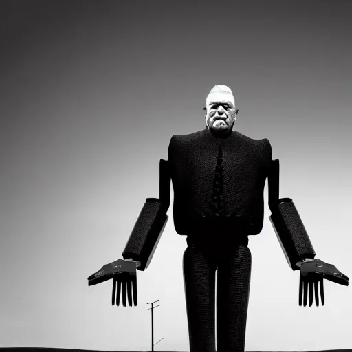 Prompt: movie scene of a man with a big robot head, movie still, acting, cinematic composition, cinematic lighting, Movie by David Lynch and Andrzej Żuławski