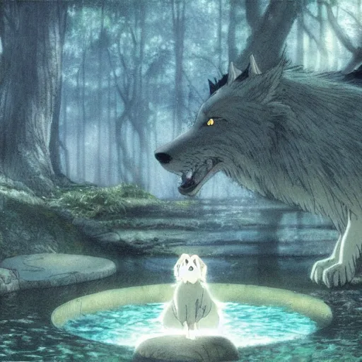 Image similar to a spirit wolf forest drinking water from an illuminated pool, hayao miyazaki, masashi ando, nizou yamamoto, kazuo oga, joe hisaishi, yoji takeshige, naoya tanaka