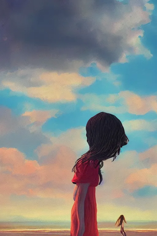 Image similar to closeup, giant flower head, a girl on beach, surreal photography, wind and cold, dramatic sky, impressionist painting, digital painting, artstation, simon stalenhag