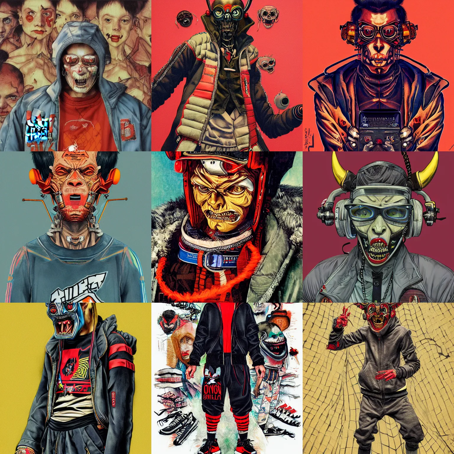 Prompt: a detailed portrait of a fashionable gopnik demon oni wearing a cyberpunk adidas outfit the style of william blake and norman rockwell, kubrick, rembrandt, junji ito undertones, crisp, vibrant color scheme, crisp, artstationhd