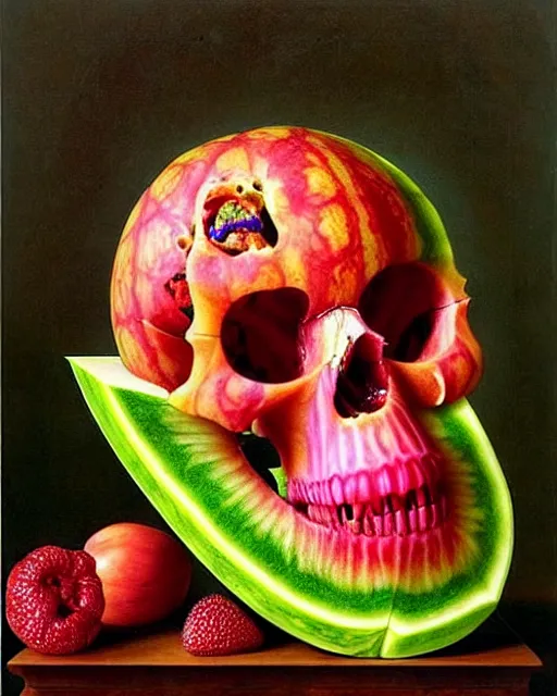 Image similar to interdimensional human watermelon skull being made out of fruits, ethereal still life renaissance painting by giuseppe arcimboldo and alex grey