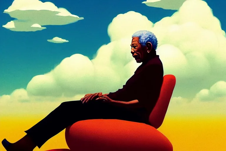 Image similar to Pixiv Digital art Full Body Extreme Detailed Full and Isolated and singular portrait of Morgan Freeman sitting on a Cloud in the sky. His legs are crossed lotus position in the scene is full of clouds by Ilya Kuvshinov and Greg Rutkowski