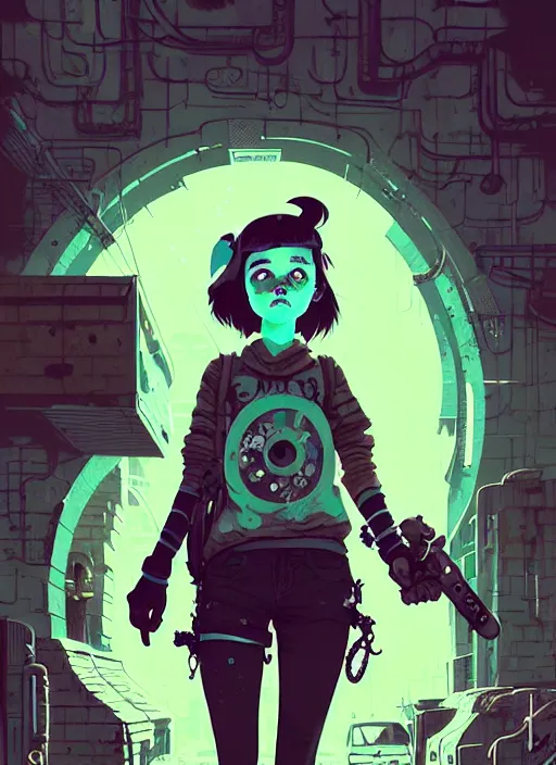 Image similar to highly detailed portrait of a sewer punk young lady by atey ghailan, james gilleard, by joe fenton, by greg rutkowski, by greg tocchini, by kaethe butcher, 4 k resolution, gradient yellow, black, brown and cyan color scheme, grunge aesthetic!!! ( ( dystopian graffiti tag wall in background ) )