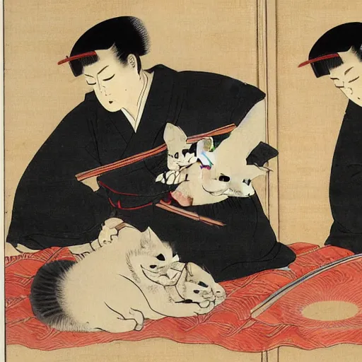 Prompt: angry japanese butcher slices meat next to \ two cute cats looking at him, vintage, painting by utamaro