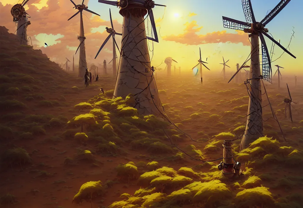 Image similar to steampunk windmills in the desert with chubby vines in the foreground, intricate oil painting, high detail illustration, sharp high detail, manga and anime 1 9 9 9, official fanart behance hd artstation by jesper ejsing and makoto shinkai, 4 k,