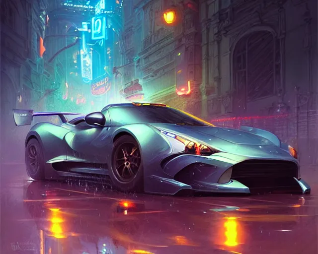 Prompt: sports car race, neon glow, heavy rain, deep focus, d & d, fantasy, intricate, elegant, highly detailed, digital painting, artstation, matte, sharp focus, illustration, hearthstone, art by artgerm and greg rutkowski and alphonse mucha