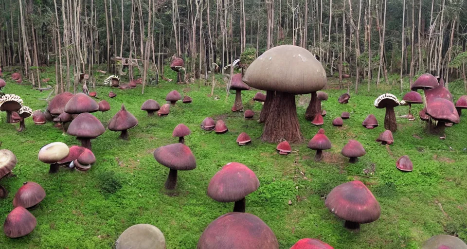 Image similar to A tribal village in a forest of giant mushrooms, by a 8 years old kid,