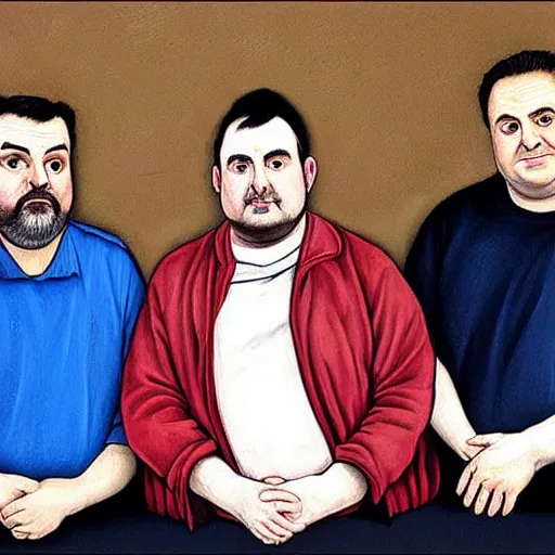 Image similar to Rich Evans, Mike Stoklasa, Jay Bauman, Red Letter Media, Caravaggio painting, depressed middle-aged men