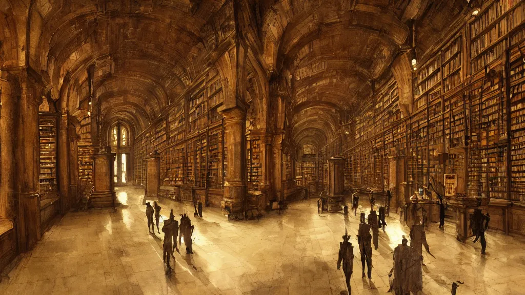 Prompt: interior of grand and magnificent hallway with scholars in ancient library, papyrus, watercolored, jakub rozalski, dark colours, dieselpunk, artstation