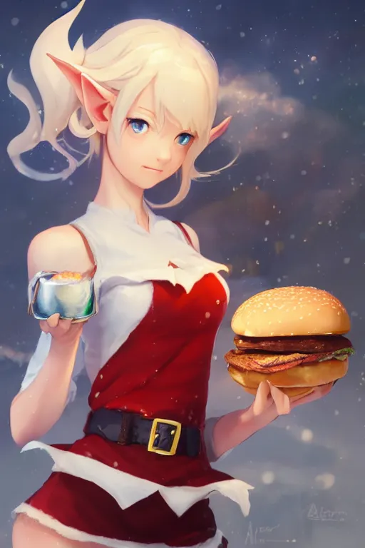 Image similar to adorable elf girl holding a burger, single subject, medium shot, ambient lighting, white hair, detailed face, by makoto shinkai, stanley artgerm lau, wlop, rossdraws