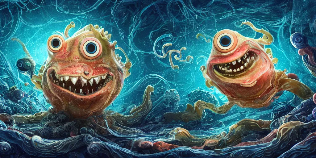 Prompt: of an intricate deep sea with strange cute friendly happy creatures with huge eyes, mouth, long tongue, round teeth and goofy face, appearing from the background, in the style of gehry and gaudi, macro lens, shallow depth of field, ultra detailed, digital painting, trending artstation, concept art, illustration, cinematic lighting, photorealism, epic, octane render