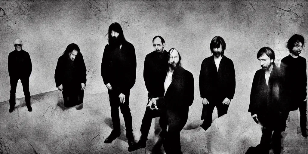 Prompt: a black and white photo of a group Radiohead, an album cover by David Gilmour Blythe, pinterest, bauhaus, tesseract, composition, national geographic photo, flemish baroque