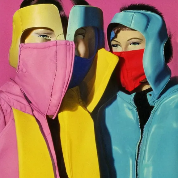 Prompt: two models in plastic space masks wearing baggy colorful 9 0 s jackets by rick owens. frank frazetta. science fiction book cover. pastel brutalist background.