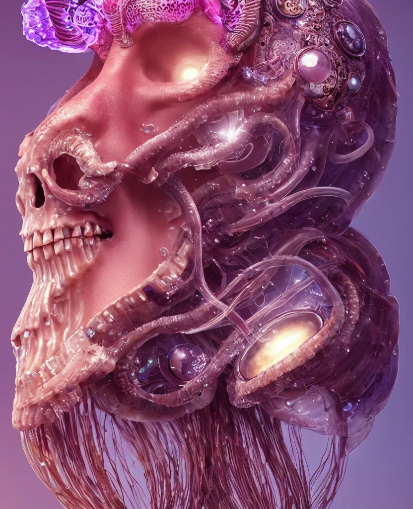 Image similar to goddess princess face close-up portrait ram skull. jellyfish phoenix head, nautilus, orchid, skull, betta fish, bioluminiscent creatures, intricate artwork by Tooth Wu and wlop and beeple. octane render, trending on artstation, greg rutkowski very coherent symmetrical artwork. cinematic, hyper realism, high detail, octane render, 8k