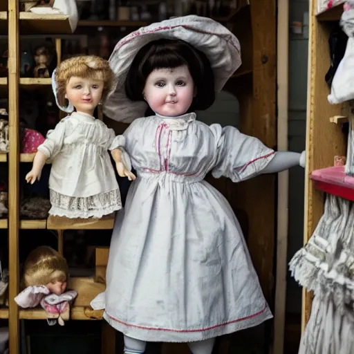 Image similar to human child standing in a victorian doll maker's shop looking at all of the dolls, 8 k, soft lighting, highly detailed realistic, face in focus