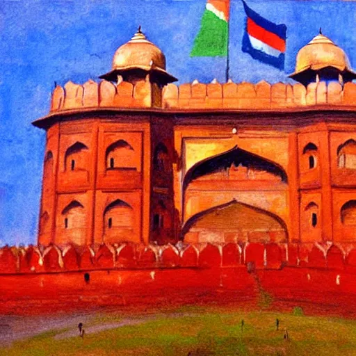 Prompt: an impressionist painting of red fort with hoisted indian flag.