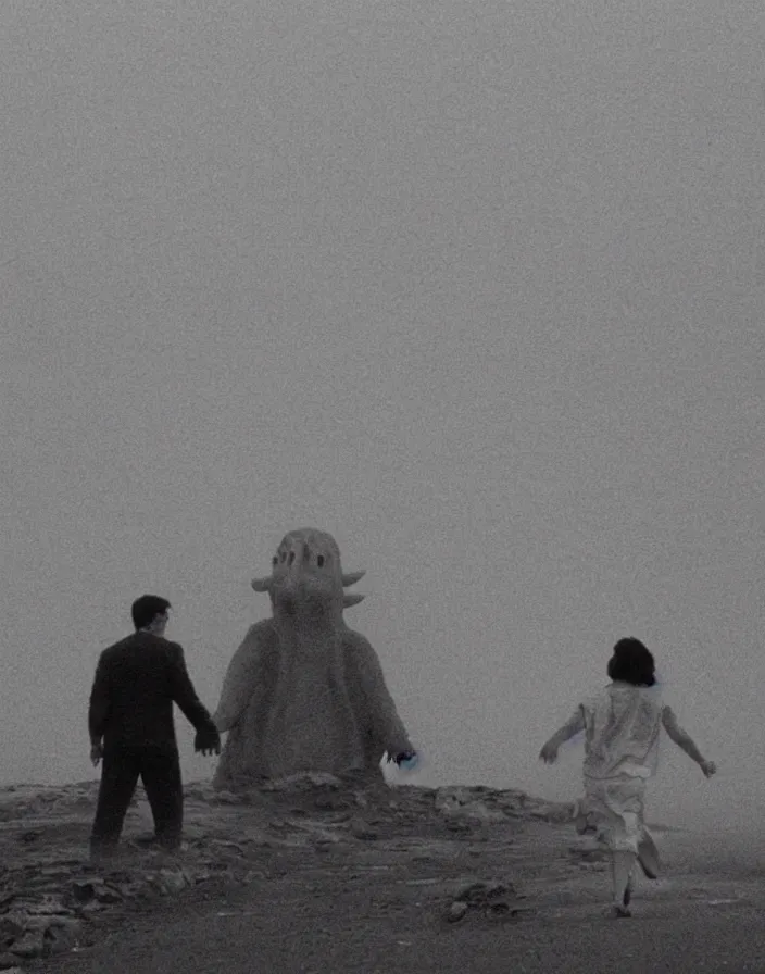 Image similar to very low - resolution found footage of a couple escaping 1 9 8 0 s pyongyang from a starfish kaiju monster, fog, foggy, korean film noir, monochrome, red hue, thriller, underdeveloped, epic, dramatic