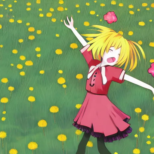 Image similar to Komeiji Koishi dancing in a field of dandelions, anime, Touhou, digital art, soft lighting