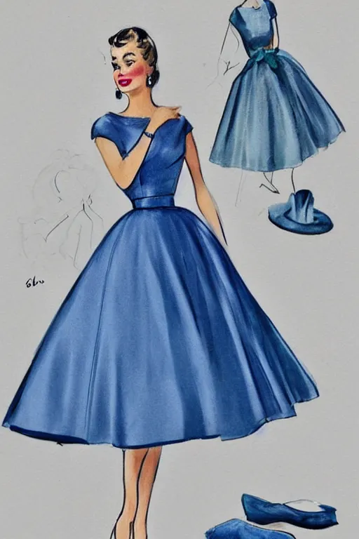 Image similar to an elegant fashion illustration of a beautiful blue 5 0 s outfit