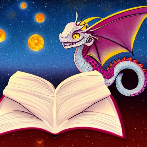 Prompt: cute dragon reading a book underneath the stars