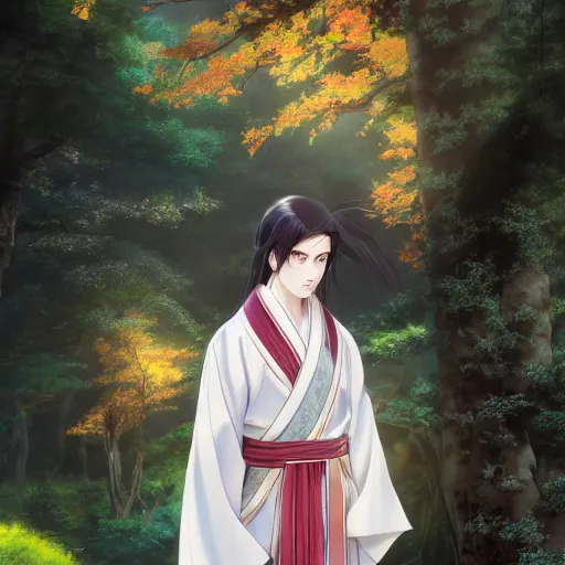 Image similar to a young beautiful prince, golden eyes, long black hair, white hanfu, elegant, intricate, backlit, incredible lighting, strong rim light, subsurface scattering, photorealistic anime, beautiful landscape, cherry trees, highly detailed digital painting, by Heise Jinyao, Heise-Lian Yan Fang, Feimo, Rossdraws, Sakimichan HDRI, vivid colors, high contrast, trending on artstation 8k