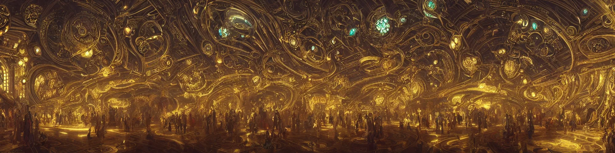 Prompt: symetrical highly detailed ornate with jewels and precious metals futuristic, sandman kingdom, cyberpunk, neon, tron, close up in the bg entrance castle kingdom of dreams, space ships, hiperrealistc, global illumination, radiant light, detailed and intricate environment, 3 6 0 degrees, panoramic view, drawing by frank lloyd wright art by andreas achenbach