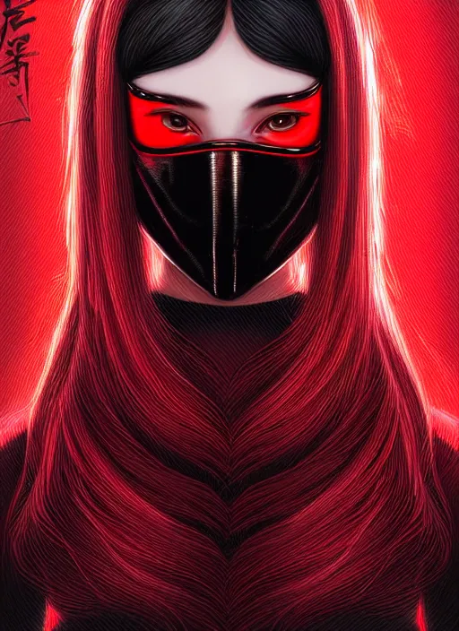 Image similar to portrait of long black hair girl within a red steel mask and streetwear. cynical face, concept art, cyberpunk illustration, intricate, highly detailed 8 k, smooth, matte, sharp focus, rim light, beautiful and aesthetic shape of face and body, artgerm, artstation, art by gharliera and rinotuna and junpei