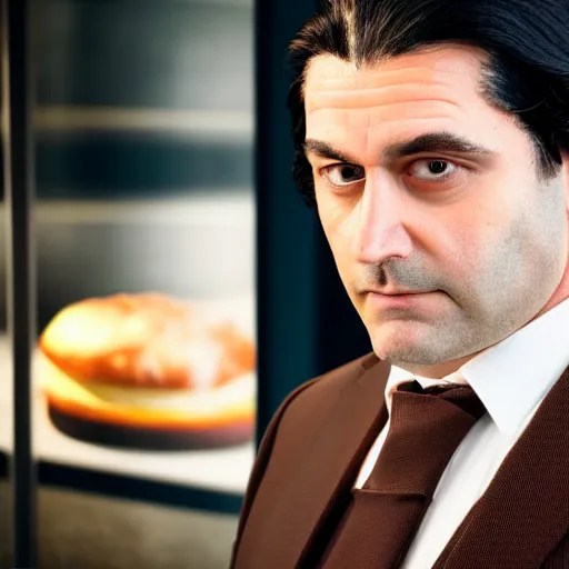 Image similar to Close up portrait of a clean-shaven chubby man with long black hair wearing a brown suit and necktie with a bakery in the background. Photorealistic. Award winning. Dramatic lighting. Intricate details. UHD 8K. He looks guilty