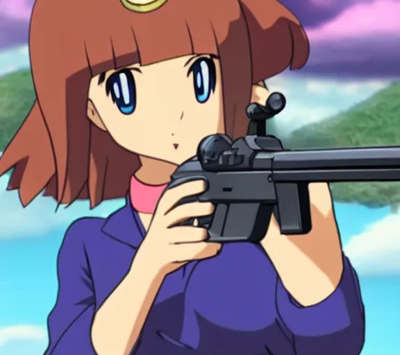 Prompt: marnie from pokemon pointing a gun at viewer