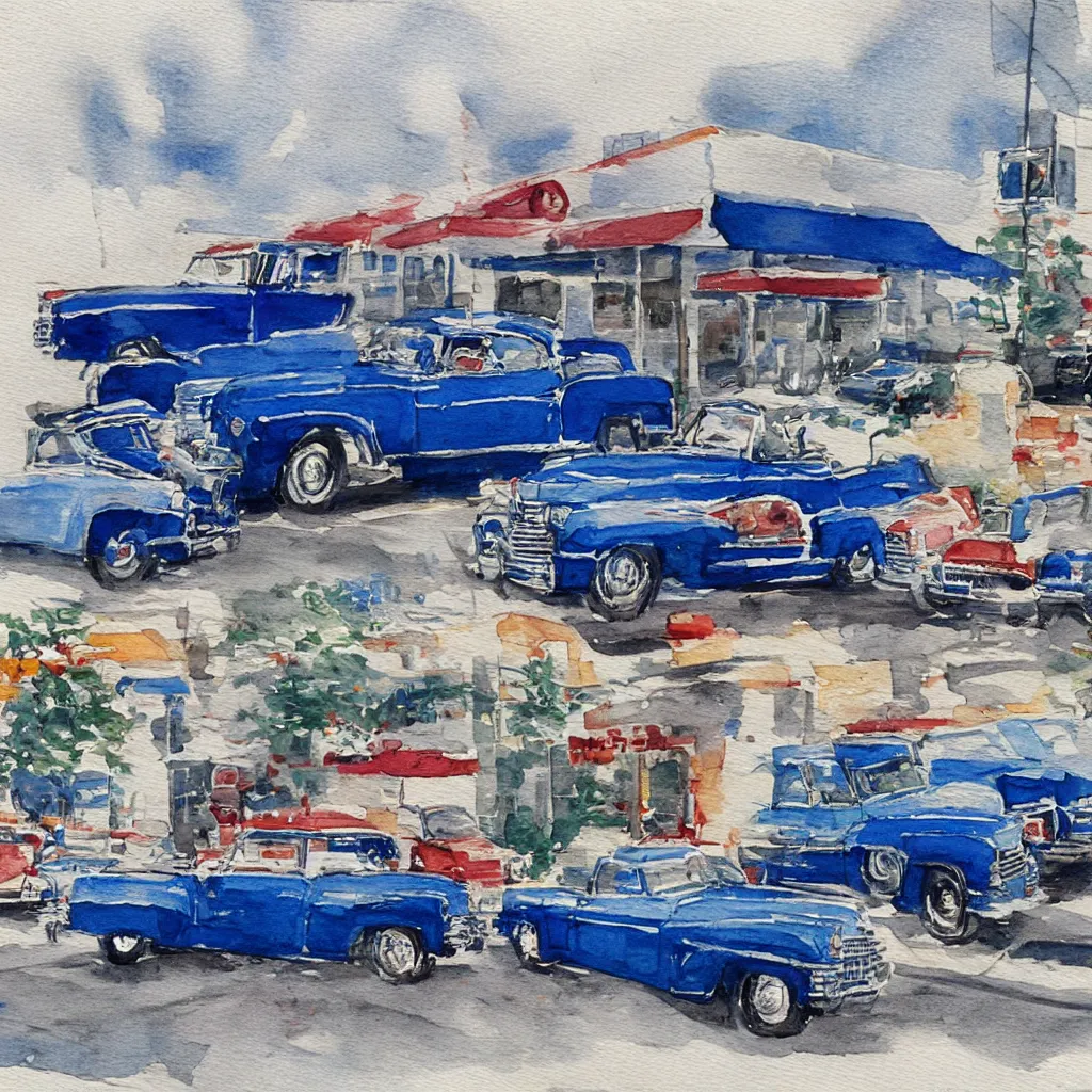 Prompt: 2 cadillacs, 1 blue and 1 white, parked in front of a 7 - 1 1 in downtown los angeles, vintage watercolor painting