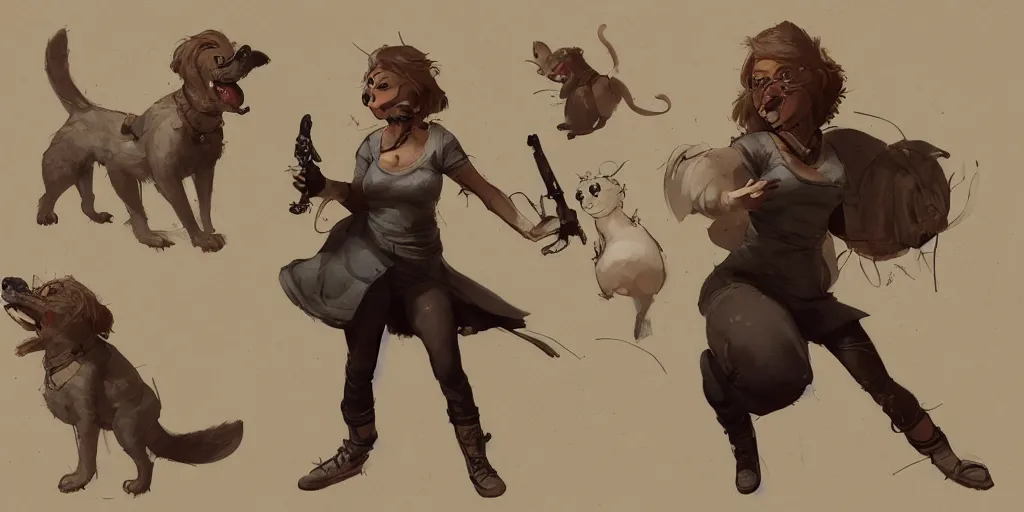 Image similar to cartoonish jeniffer lawrence jamming with her dog, character sheet, fine details, concept design, contrast, kim jung gi, greg rutkowski, trending on artstation, 8 k, full body, turnaround, front view, back view, ultra wide angle