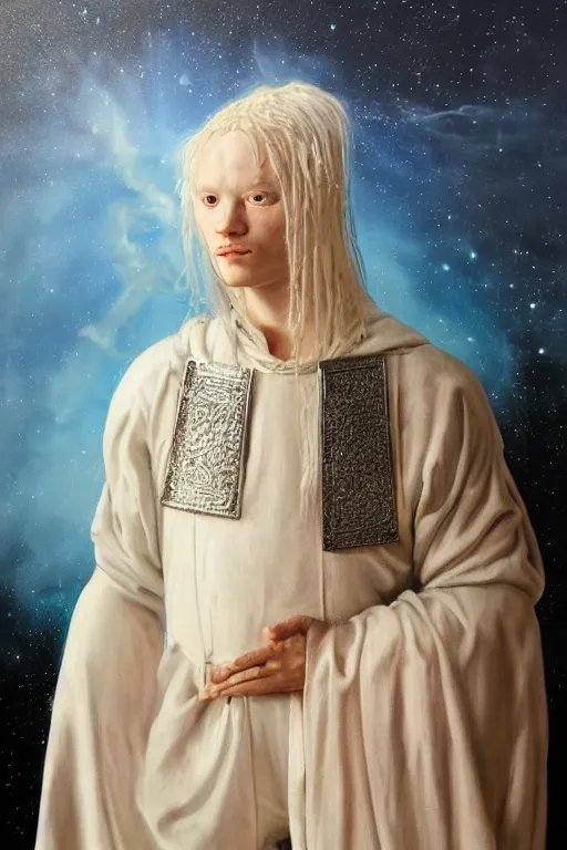 Image similar to hyperrealism oil painting, close - up portrait of albino medieval fashion model, knight, steel gradient mixed with nebula sky, in style of baroque