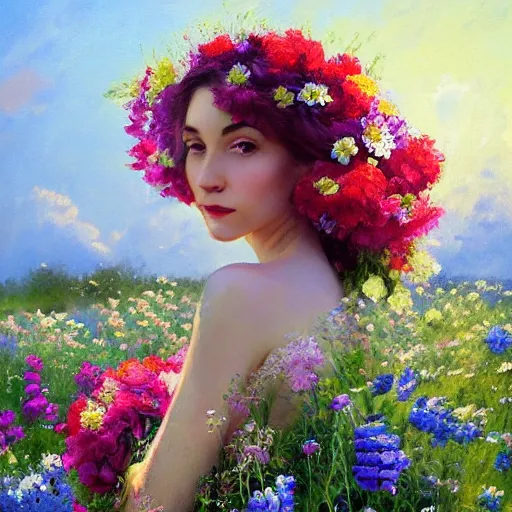 Image similar to a portrait of a romantic woman with flowers grow out of hair, roses peonies forget-me-nots dahlias lupins gladioli, sky theme in background, by Alexandr Averin, Digital Art, Trending on artstation