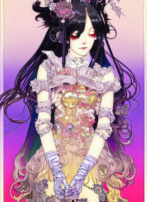 Image similar to highly detailed terada katsuya artstation manga poster of cat girl mechine, rainbow gradient reflection, ayami kojima, long hair, armor, dress, laces, ruffles, 8 k, maximalist, takato yamamoto, alphonse mucha