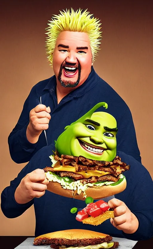 Image similar to guy fieri as shrek, eating a juicy burger, photograph, realistic