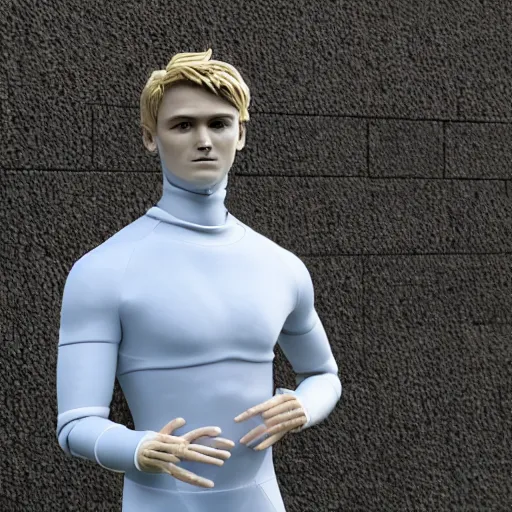 Image similar to a realistic detailed photo of a guy who is an attractive humanoid who is half robot and half humanoid, who is a male android, soccer player martin ødegaard, shiny skin, posing like a statue, blank stare, by the pool, on display, showing off his muscles, humanoid robot, frozen ice statue