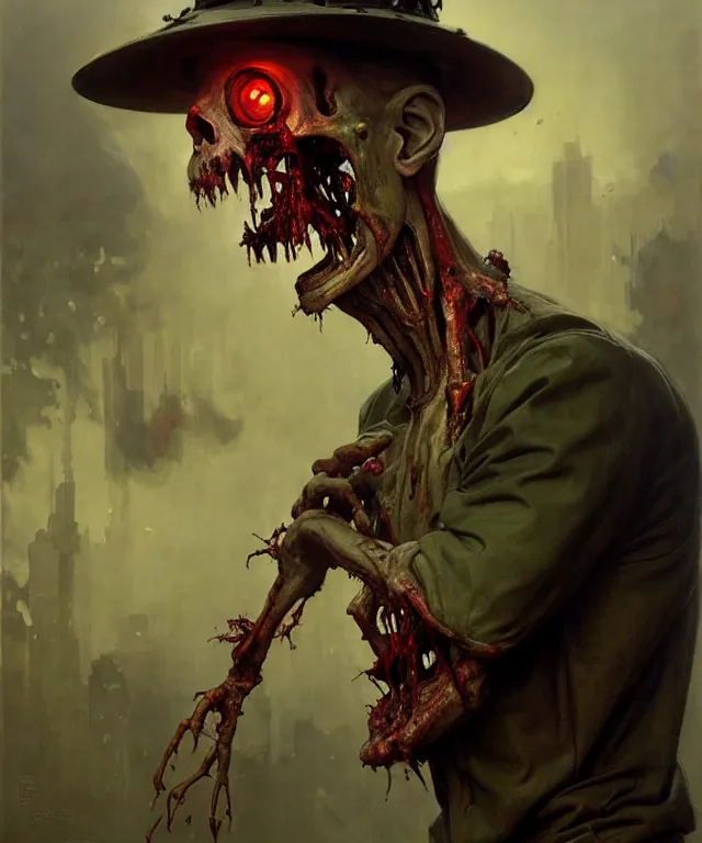 Image similar to painting of a rotting slimy zombie wearing a cop uniform by edgar maxence and rhads and leyendecker. police, award - winning digital art on pixiv, trending on artstation, cinematic lighting, dramatic lighting, stunning and beautiful scenery - highly detailed, hyperrealistic, unreal engine 5