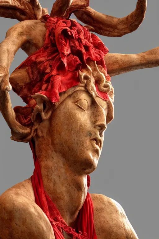 Prompt: a cinematic view of a ornated holy sacred faun statue using a old red silk veil made by hedi xandt, chris haas and bernini, realistic, macabre art, detailed image, photorealistic, volummetric light