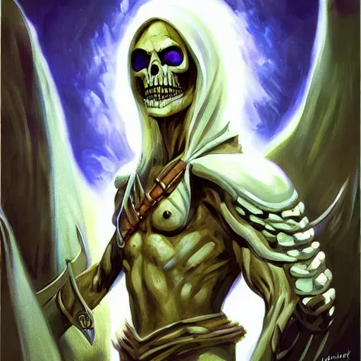 Image similar to portrait painting of skeletor, dnd beyond avatar portraits, beautiful, artistic, elegant, lens flare, magical, nature, realism, stylized, art by jeff easley and genndy tartakovsky