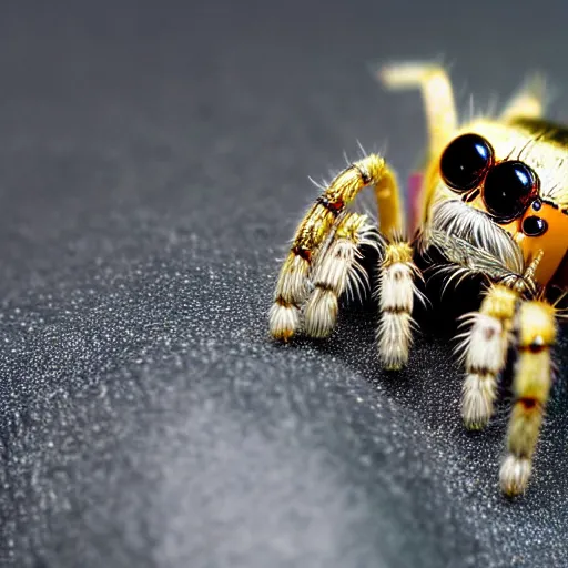 Image similar to a jumping spider using a shrunk computer keyboard, by pixar, macro lens, iridescent, style plate