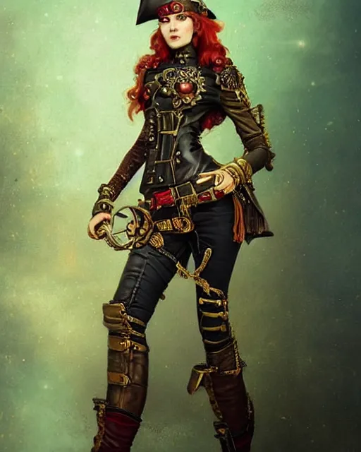 Image similar to a beautiful young female steampunk pirate wearing leather armor on gold and red trimmings on green, very cool pose, slightly smiling Charlie Bowater Annie Leibovitz, zhuoxin ye, cinematic lighting and composition, fantasy painting, very detailed, ornate, 8k trending on artstation and pinterest, deviantart, google images