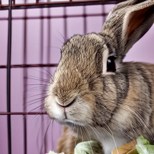 Image similar to Rabbit laying down in a cage, eating lettuce, half black half white, very furry, pink nose, at home, close up, National Geography , photorealistic, ultra-detailed, 4k high resolution, HDR shot