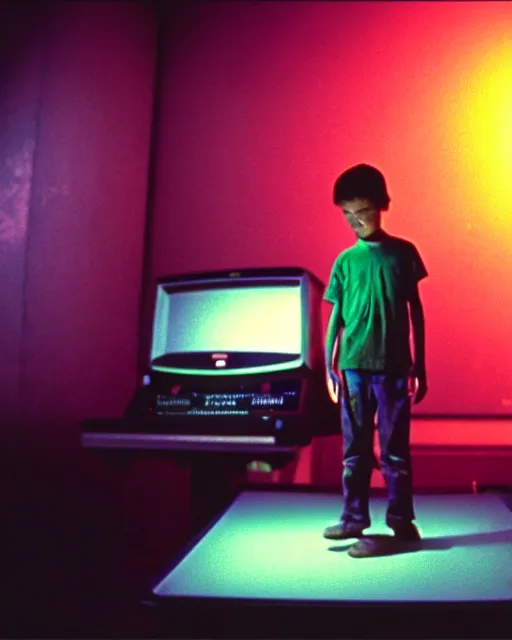 Image similar to 8k professional photo of an 8 years old enlightened and scared boy standing in front of an old computer from 90s with a game doom2 at the monitor screen in a vaporwave space, still from a movie by Gaspar Noe and James Cameron