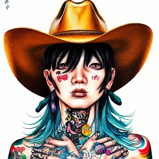 Image similar to full view of cowgirl with tattoos, wearing a cowboy hat, style of yoshii chie and hikari shimoda and martine johanna, highly detailed