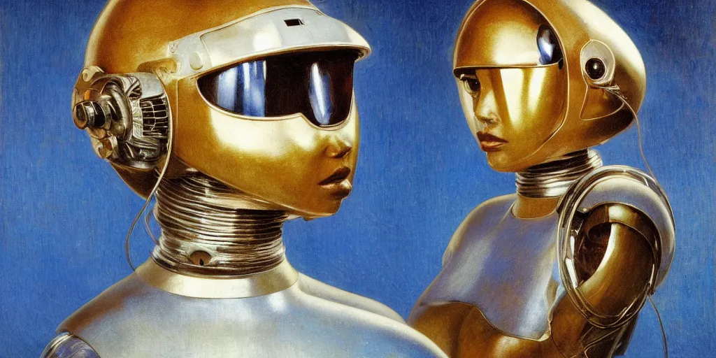 Image similar to portrait of a beautiful chrome female robot wearing a space helmet, lush lips, big eyes, reflections, mirroring, stars in space, warm azure tones, heavy lensflare, color bleed, film grain, depth of field, jules bastien - lepage, rudolph belarski, johfra bosschart, alexandre cabanel