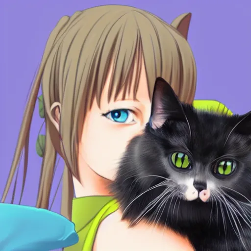 Image similar to a photorealistic girl holding an anime cat