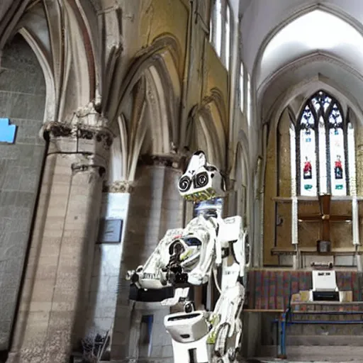 Prompt: Un robot prie dans une église en ruine