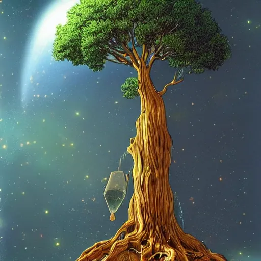 Prompt: a large tree rooted in a large crystal that is floating in space, by moebius