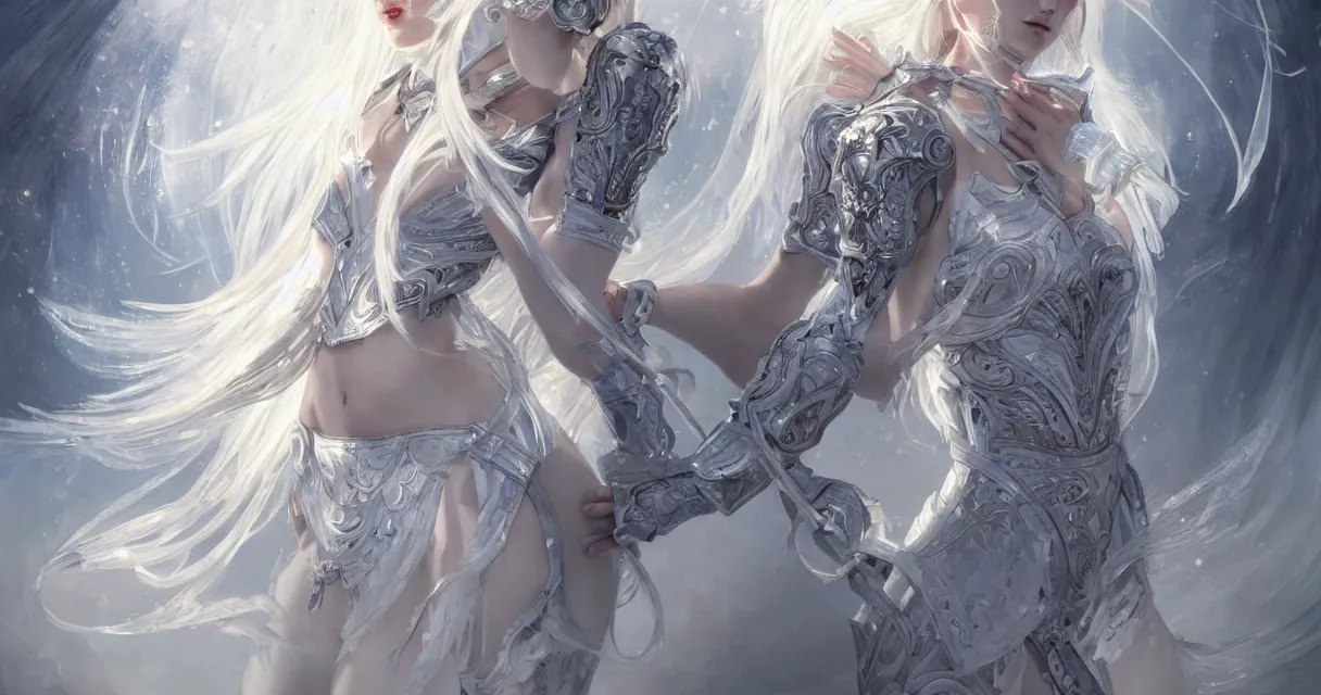 Image similar to white hair knight of zodiac girl, sliver ice color reflected armor, taekwondo dance in ruined agora of athens sunrise, ssci - fi and fantasy, intricate and very very beautiful and elegant, highly detailed, digital painting, artstation, concept art, smooth and sharp focus, illustration, art by tian zi and wlop and alphonse mucha