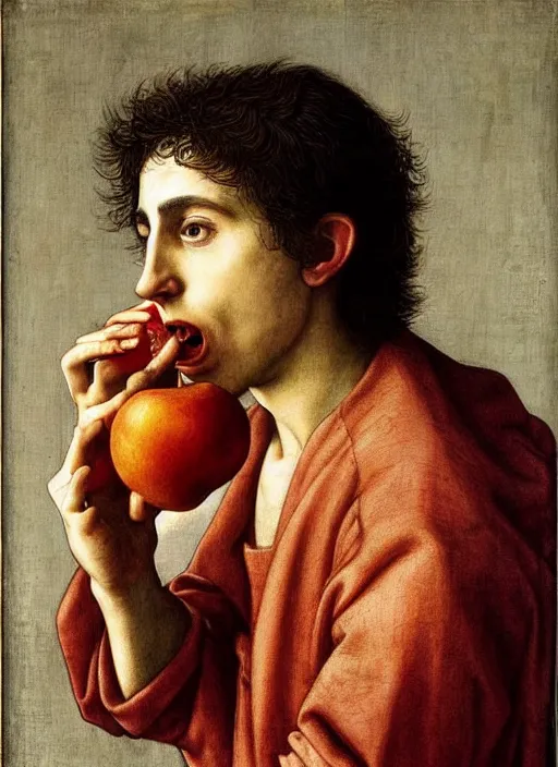 Image similar to (((( a painting of a Timothee Chalamet EATING an APPLE, a character portrait by Dürer, behance, pre-raphaelitism, da vinci,y pre-raphaelite, detailed painting“